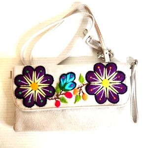 Peruvian hand embroidered flowers, bone leather clutch, crossbody purse